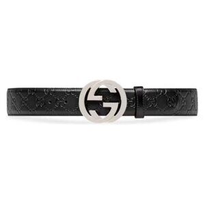 Gucci Embossed Black Belt with Silver GG Buckle